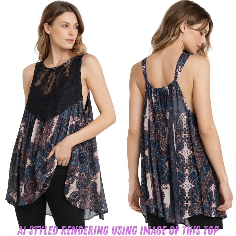 Free People Women Count Me In Black Paisley Lace Trapeze Tunic Mini Dress S Boho